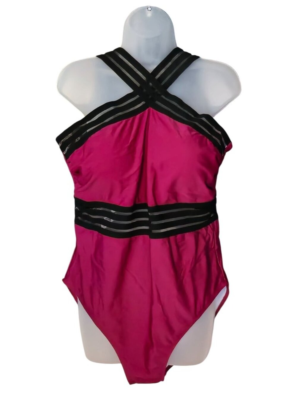 Plus Size Crisscross Halter One-Piece Swimsuit 18W Burgundy Black Mesh Lined